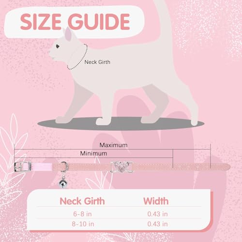 BINGPET Diamond Cat Collar,Adjustable Soft Velvet Leather Safe Kitten Collar with Crystal Heart Charm and Bells,Girl Boy Bling Stylish Cat Collars with Safety Elastic (Pink, Neck Girth 6"-8") - color: Pink(Heart), size: Neck Girth 6"-8"