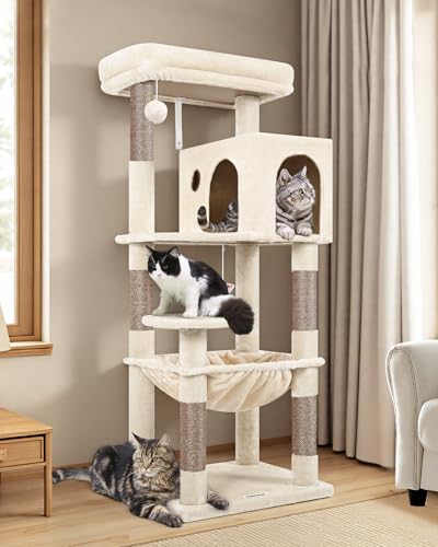 Globlazer Cat Tree Tower with Scratching Post for Indoor Cats, 53inch Tall Plush Multi-Level Cat Climbing Tower Condo House with Large Hammock, Spacious Cat Cave, Big Padded Top Perch Bed, F53, Beige - color: Beige