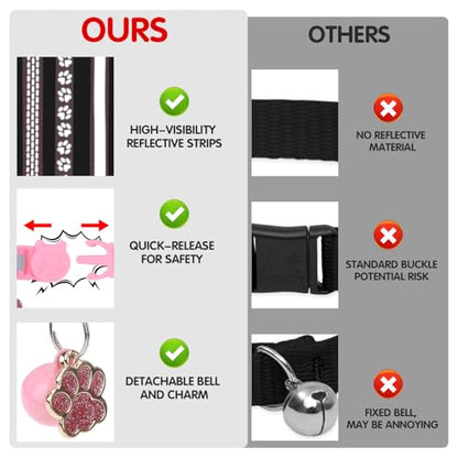 BINGPET Reflective Cat Collar Breakaway with Bells,3 Pack Kitten Collar for Girl Boy Cats with Cute Pendant Glow in The Dark,Adjustable 8''-11.8'',Pink - color: Reflective(Pink)-3pcs