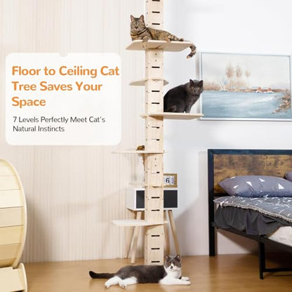 COZIWOW Floor to Ceiling Cat Tree for Large Cats, Cat Tower with Non-Slip Platforms 7 Tier Tall Climbing Pole with Adjustable Height (98-114 Inches) Modern Climbing Tower, Wood, Indoor
