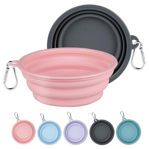 Collapsible Dog Bowls Medium (650ml), 2 Pack Travel Dog Bowls for Dog Cat, Portable Pet Water Food Bowl with Clasp, Pet Cat Feeding Cup Dish for Outdoor, Travel, Walking, Parking - color: Grey & Pink, size: Medium