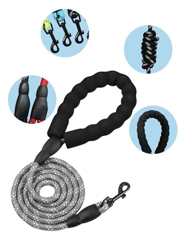 Rope Dog Leash 6 FT with Comfortable Padded Handle, Highly Reflective Threads Dog Leash for Medium Large Dogs, 1/2 inch, Grey - color: Grey