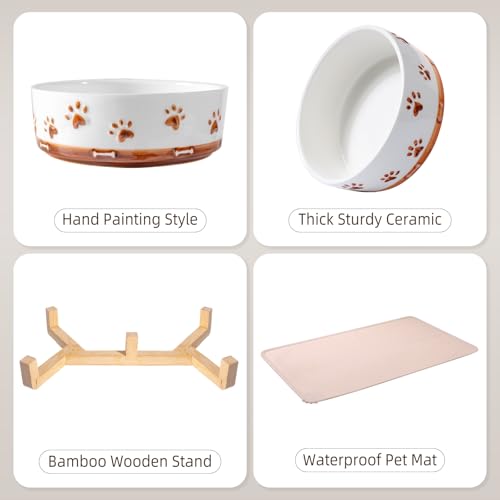 Dog Bowls with Wood Stand, 1.7 Cups Ceramic Puppy Bowls with Mat for Small Dog Weighted Water and Food Bowl Set for Dogs Cats, Non-Slip Pet Feeding Dish 13.5 Oz - size: 1.7 Cups