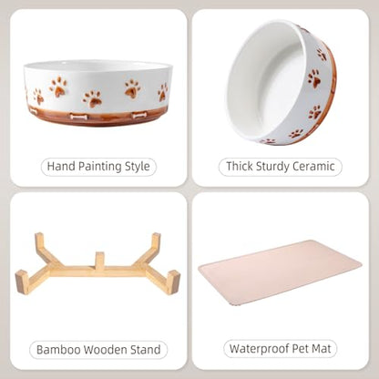 Dog Bowls with Wood Stand, 1.7 Cups Ceramic Puppy Bowls with Mat for Small Dog Weighted Water and Food Bowl Set for Dogs Cats, Non-Slip Pet Feeding Dish 13.5 Oz - size: 1.7 Cups