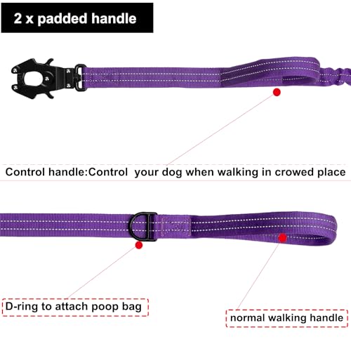 ICEFANG Tactical Dog Leash,K9 Training Walking Bungee Lead with 2 Control Handle,Heavy Duty Quick Release Metal Clasp,for Medium Large Breed (Reflective Purple, 6 FT) - color: Reflective Purple, size: 6 FT