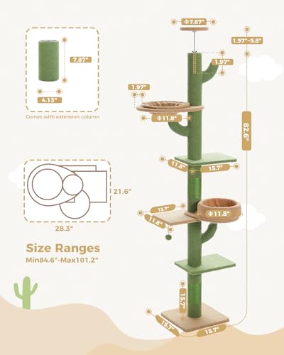 PETEPELA Floor to Ceiling Cat Tree [87"-100"] Height Adjustable, 5 Levels Cactus Cat Tower with Perch&Replaceable Hammock(Visible Acrylic Bowl), 4.1" Super Robust Cat Scratcher, Cactus Green