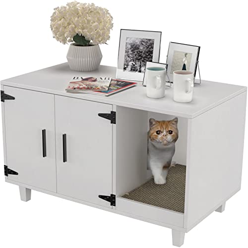 GDLF Modern Wood Pet Crate Cat Washroom Hidden Litter Box Enclosure Furniture House as Table Nightstand with Scratch Pad,Stackable (White) - color: White