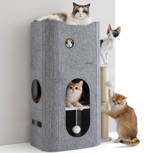 Bedsure 3-Level Indoor Cat Bed- Cat Condos Small Cat Tree for Multiple Kitties to Play Sleep,Hideaway Cave, Fluffy Ball, Scratching Post, 22.5x31.5x13, Grey - color: Grey, size: 3-Level