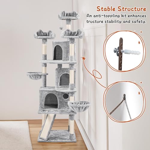 Yaheetech 76.5in Multi-Level Large Cat Tree, Big Cat Tower with 3 Condos, Cozy Plush Perches, 9 Sisal Scratching Posts and Ladder, Activity Center for Large Kitties, Light Gray - color: Light Gray