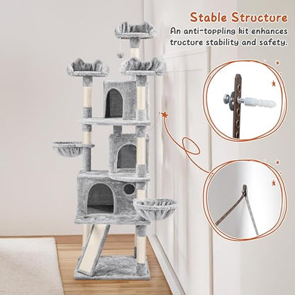 Yaheetech 76.5in Multi-Level Large Cat Tree, Big Cat Tower with 3 Condos, Cozy Plush Perches, 9 Sisal Scratching Posts and Ladder, Activity Center for Large Kitties, Light Gray - color: Light Gray