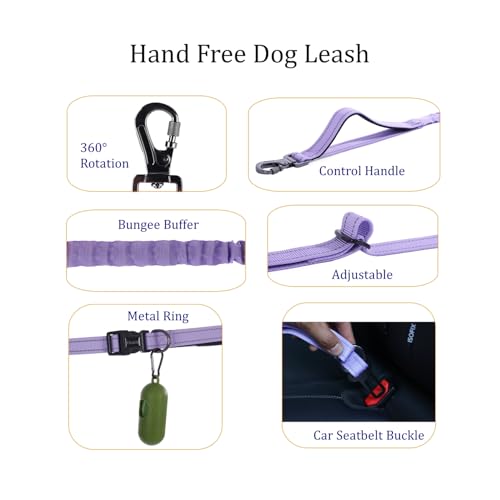 Hands Free Dog Leash, No Pull Bungee Dog Running Waist Leash, with Car Seat Belt, Reflective Stripes, Heavy Duty for Medium and Large Dogs. (Solid Lilac, Large) - color: Solid Lilac