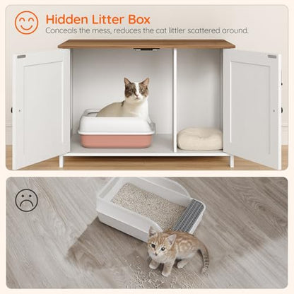 HOOBRO Litter Box Enclosure, Cat Litter Box Furniture with Removable Divider, Hidden Litter Box Furniture, Wooden Cat House, End Side Table, 31" L x 17.5" W x 19.7" H, White and Walnut WH03MW01G2 - color: White + Walnut