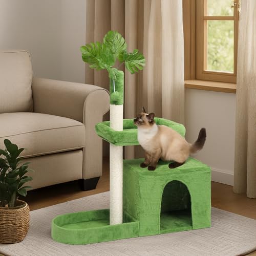 Outvita Cat Tree 36in Monstera Cat Tower with Leaves, Multi-Level Cat Tree Tower with Cat Scratching Post, Cozy Cat Condo, Padded Beds, Dangling Ball for Kittens and Indoor Cats, Green - size: 36" Green