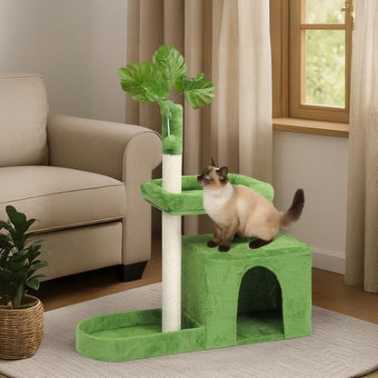 Outvita Cat Tree 36in Monstera Cat Tower with Leaves, Multi-Level Cat Tree Tower with Cat Scratching Post, Cozy Cat Condo, Padded Beds, Dangling Ball for Kittens and Indoor Cats, Green - size: 36" Green