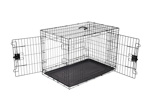 Amazon Basics Portable, Easy to Assemble, Foldable Metal Wire Dog Crate with Removable Tray, Double Door, Divider Panel, Handle, 36" x 23" x 25", Black - size: 36.0"L x 23.0"W x 25.0"H, style: Double Door w/ Divider