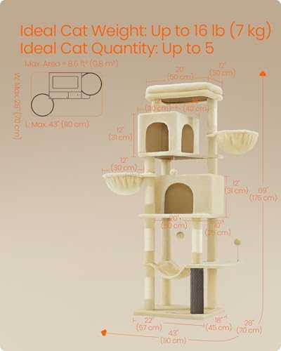Feandrea Cat Tree, 69-Inch Tall Cat Tower, Multi-Level Plush Condo with 2 Caves, 2 Baskets, 5 Scratching Posts, Self-Groomer, Perch, Hammock, Sand Beige UPCT182Y01 - color: Sand Beige