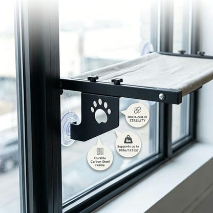 2‑in‑1 Cat Window Perch,Suction Cup & Hook‑On Windowsill Mounted Pet Perch, Sturdy Hammock with Metal Frame for Large Cats, Easy to Adjust Cat Bed for Windowsill, Bedside, Drawer and Cabinet