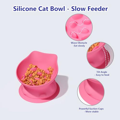 Slow Feed Cat Bowl, Elevated Cat Food Dish with Tilted Design, Dual-Use for Dry and Wet Food, Anti-Vomit, Anti-Choking, Easy to Clean - color: Pink, size: Medium