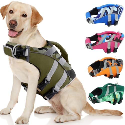 Kuoser Dog Life Jacket with Reflective Stripes, Dog Life Vest for Swimming Boating, Adjustable Pet Lifejackets with High Flotation, Doggie Swimsuit for Small Medium Large Dogs - color: 5#GreenCamo, size: S (Chest Girth:16.9-21.3'')