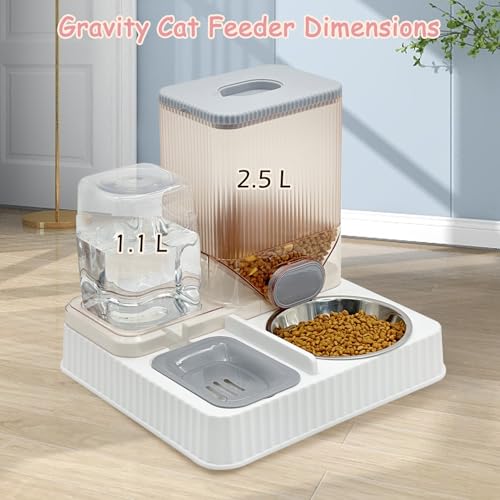 Fhiny Gravity Cat Feeder & Water Dispenser, 2 in 1 Automatic Puppy Waterer Removable Stainless Steel Food Bowls Set Self Feeding Pet Food Storage for Cat Kitten Puppy Easy Clean (Grey) - color: Grey-Metal Bowl
