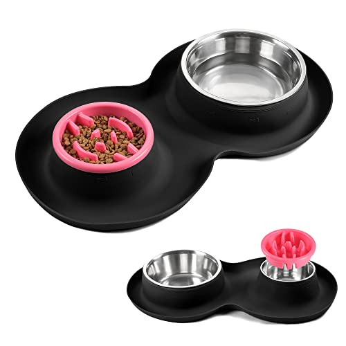 100% Waterproof BPA Free Pet Dog Bowls2 Stainless Steel（53oz+27oz） with 1.35“ Raised Edge Silicone Mat + Slow Feed Dog Water and Food Bowls for Feeding Small Large Dogs Cats Puppies (Black) - color: Black