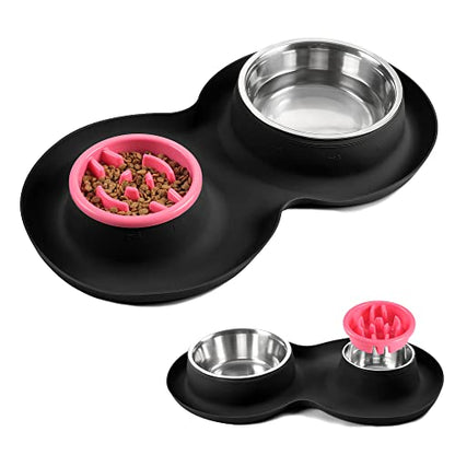 100% Waterproof BPA Free Pet Dog Bowls2 Stainless Steel（53oz+27oz） with 1.35“ Raised Edge Silicone Mat + Slow Feed Dog Water and Food Bowls for Feeding Small Large Dogs Cats Puppies (Black) - color: Black