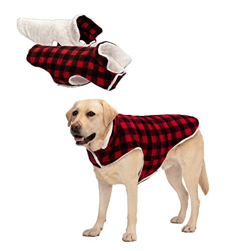 Furhaven Reversible XL Dog Coat, Washable & Insulating w/ Leash Access - Sherpa & Plaid Fleece Flex-Fit Jacket - Cream/Red, Extra Large - color: Cream/Red Plaid, size: X-Large