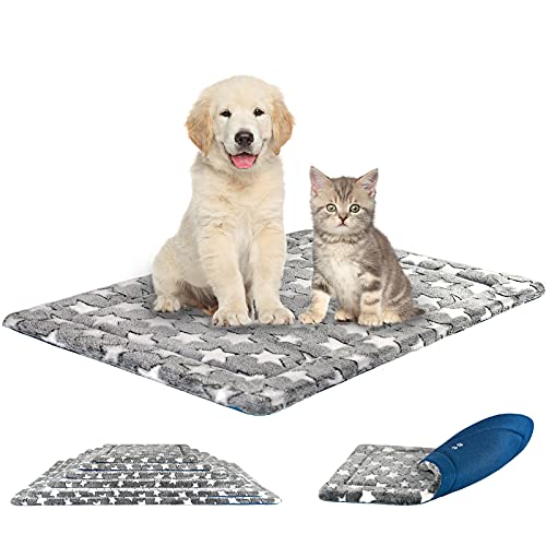 KROSER Fancy Dog Crate Pad - Reversible (Cool & Warm), Machine Washable, Suitable for Small to XXX-Large Dogs, Grey, Navy, Star Pattern - size: Medium