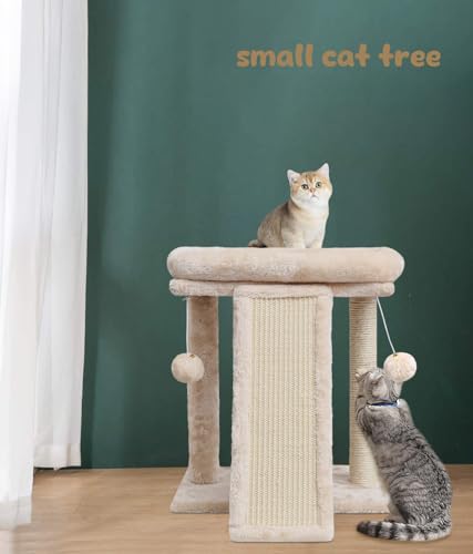 SYANDLVY Small Cat Tree with Scratching Post, Cat Scratching Board with Perch, Cat Post Scratcher for Indoor Cats, 2 Dangling Balls Great for Kittens (Beige) - color: Beige