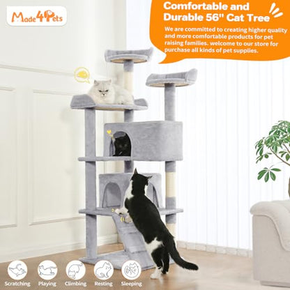 Made4Pets Cat Tree 54in Cat Tower for Indoor Cats Kitten Tree Multi-Level Cat Tree with 2 Condo Furniture Activity Center with Scratching Posts Funny Toys Kittens Pet Play House, Light Grey - color: Light Grey