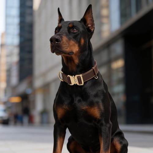 AssuredLock Leather Dog Collar, 1.5” Wide, Smooth Quick-Release Buckle with Adjustable Design, Heavy-Duty Handcrafted Collars for Large Dogs, Brown Gold-L - color: Brown-Gold, size: 17-28.5 In