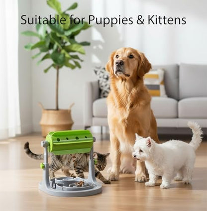 Interactive Dog & Cat Food Puzzle Toy - Treat Boredom Dispensing Slow Feeder - Anxiety IQ Training in Smart Feeding and Adjustable Height for Small/Medium Dogs - color: Green Puzzle Feeder