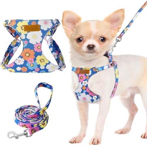 Lukovee Puppy Harness and Leash Set, No Pull Lightweight Soft Suede Adjustable Pet Harness Vest with Snap Buckle for Puppy Small and Medium Size Dog (Blue Flower, XXS) - color: ·Blue Flower, size: XX-Small ( 2.2-6lb )