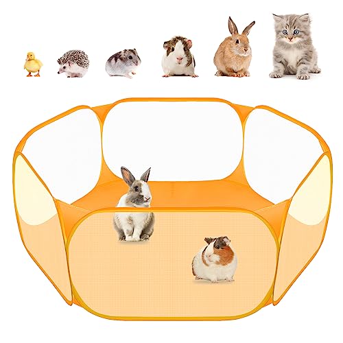 Amakunft Small Animal Playpen, Pop-Up Portable Play Yard for Guinea Pigs, Rabbits, Hamsters, Hedgehogs, Foldable Exercise Fence with Breathable Mesh for Indoor Outdoor Use - color: Orange