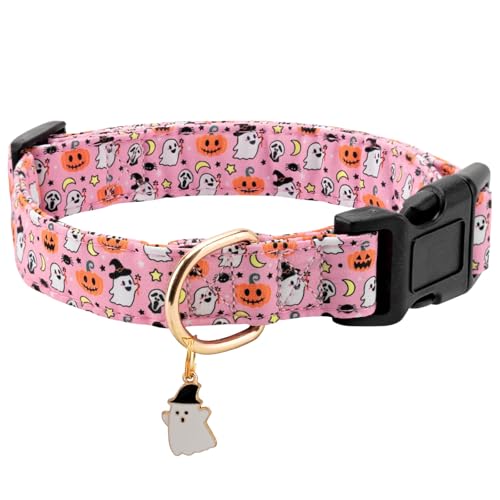 Personalized Dog Collars,Adjustable Puppy Collars with Safety Buckle for Small Medium Large Dogs,Cute and Unique Pink Cherry Pattern Pet Collar for Boy Girl Dogs. (Pink Ghost, Medium) - color: Pink Ghost, size: Medium