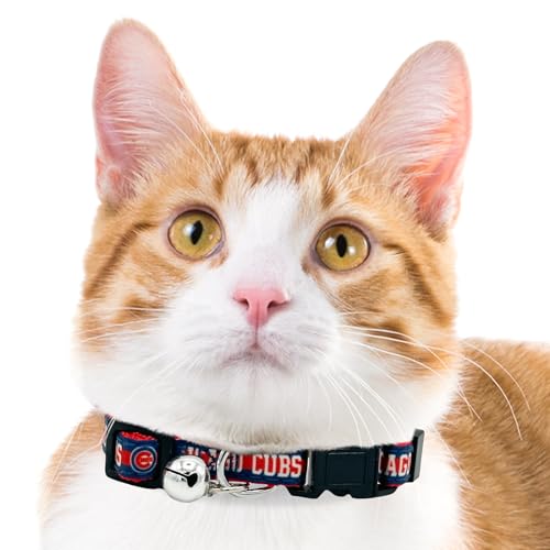 MLB CAT Collar Chicago Cubs Satin Cat Collar Baseball Team Collar for Dogs & Cats. A Shiny & Colorful Cat Collar with Ringing Bell Pendant - color: Chicago Cubs