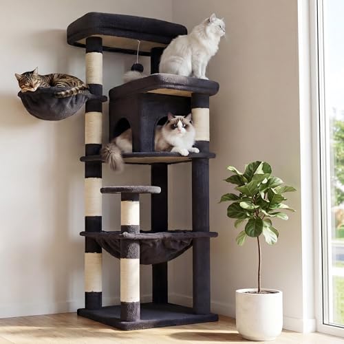 Heybly Cat Tree, 56-Inch Multi-Level Easy Climb Tower for Large Cats, Cat Furniture with 2 Perches, Cozy Hammock, Spacious Condo & Cat Basket, Durable Sisal Scratching Posts, Smoky Gray HCT028G - color: Smoky Gray