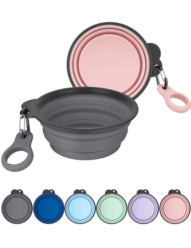 Aonkey Collapsible Dog Bowls with Bottle Carrier, 2 Pack Travel Dog Water Bowl Upgraded Carabiner, One-piece Molded Rim No Fall Off or Crack, Foldable Silicone Portable for Pets Walking Hiking 37oz - color: 1. Gray & Pink, size: Large (Pack of 2)