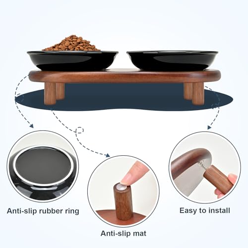 SPUNKYJUNKY Shallow Elevated Cat Bowl with Acacia Wood Stand Wide Raised Ceramic Cat Dishes Whisker Friendly Pet Food and Water Plates (Striped Pattern, Black) - color: Black