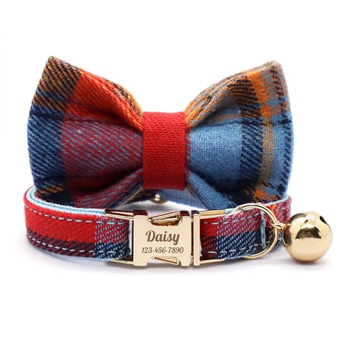 Personalized Plaid Cat Collar with Bell - Non-Breakaway Custom Polyester Kitten Collar with Engraved Name & Phone Number (Pattern 10, L (7.5-12.5 Inches)) - color: Pattern 10, size: L (7.5-12.5 Inches)