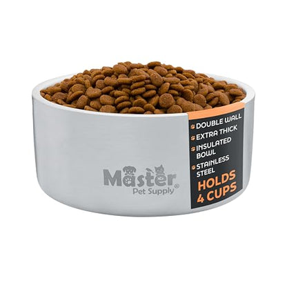 Master Pet Supply Stainless Steel Dog Bowls - 32 oz, Heavy Duty - Stainless Steel, Double Wall Extra-Thick Insulated, Non-Slip Pet Water Bowl for Dogs, Cats & Pets, Anti Rust Metal, Dish Washer Safe - color: Stainless Steel, size: 4 Cups (32 oz)