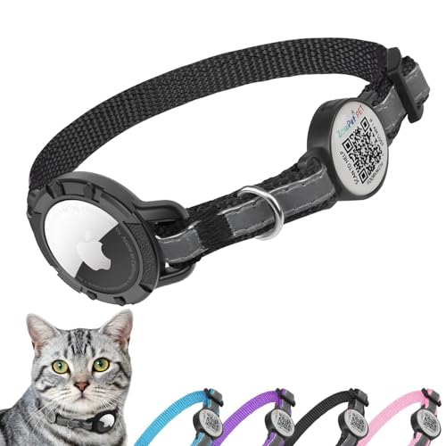 Airtag Cat Collar Breakaway with QR Code Name Tag, Reflective cat Collar airtag Holder with Bell, Cat ID Tag Personalized, Ultra-Durable, Adjustable, Quick Release, Fits Small Large Cats, Black - color: Black