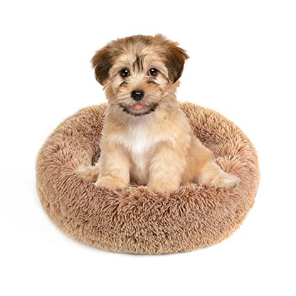 Calming Donut Dog Bed for Small to Medium Dogs & Cats - Plush Faux Fur Anti-Anxiety Pet Bed with Machine Washable Cover & Non-Slip Base - color: Brown, size: X-Small 15.7''