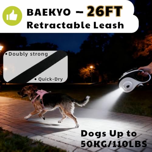 26ft Retractable Dog Leash for Large Dogs with Poop Bag Holder and LED Light,Heavy Duty Retractable Dog Leash with Chew Proof Extender,One-Hand Lock System,Impact-Resistant,Up to 110 lbs(Wihte) - color: Wihte