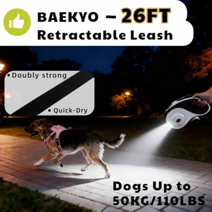 26ft Retractable Dog Leash for Large Dogs with Poop Bag Holder and LED Light,Heavy Duty Retractable Dog Leash with Chew Proof Extender,One-Hand Lock System,Impact-Resistant,Up to 110 lbs(Wihte) - color: Wihte