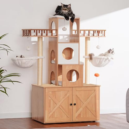 Heybly Cat Tree with Litter Box Enclosure for Indoor Big Cat, Cat Tower for Large Cats 20lbs Heavy Duty, Modern Cat Condo Furniture with Scratching Posts, Walnut HCT110WB - color: Walnut