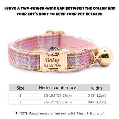 Personalized Plaid Cat Collar with Bell - Non-Breakaway Custom Polyester Kitten Collar with Engraved Name & Phone Number (Pattern 01, S (6.5-10.5 Inches)) - color: Pattern 01, size: S (6.5-10.5 Inches)