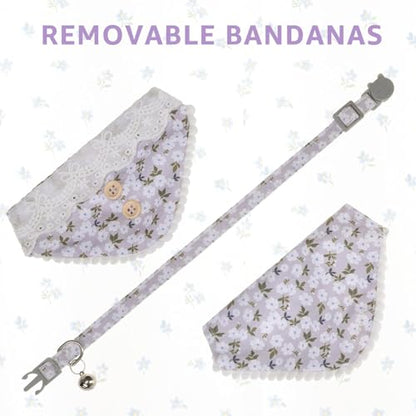 SCENEREAL Breakaway Cat Collar with Bell & Bandana, Cute Kitten Collar Suitable for Large Big Cats, Grey Flower - color: Grey Flower