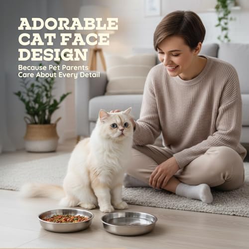 Stainless Steel Cat Food Bowl, 16 oz / 2 Cup Each, Heavy Duty Double Wall Insulated, Shallow Whisker-Friendly Design, Non-Slip Flat Base Dish for Cats & Kittens, D/W Safe Pack of 2