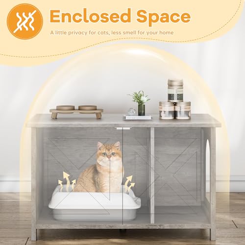 Shintenchi Cat Litter Box Enclosure, Litter Box Furniture Cabinet Hidden with Removable Divider, Wooden Cat House with End Table, Light Grey Oak, 31.5 inch - color: Light Grey Oak